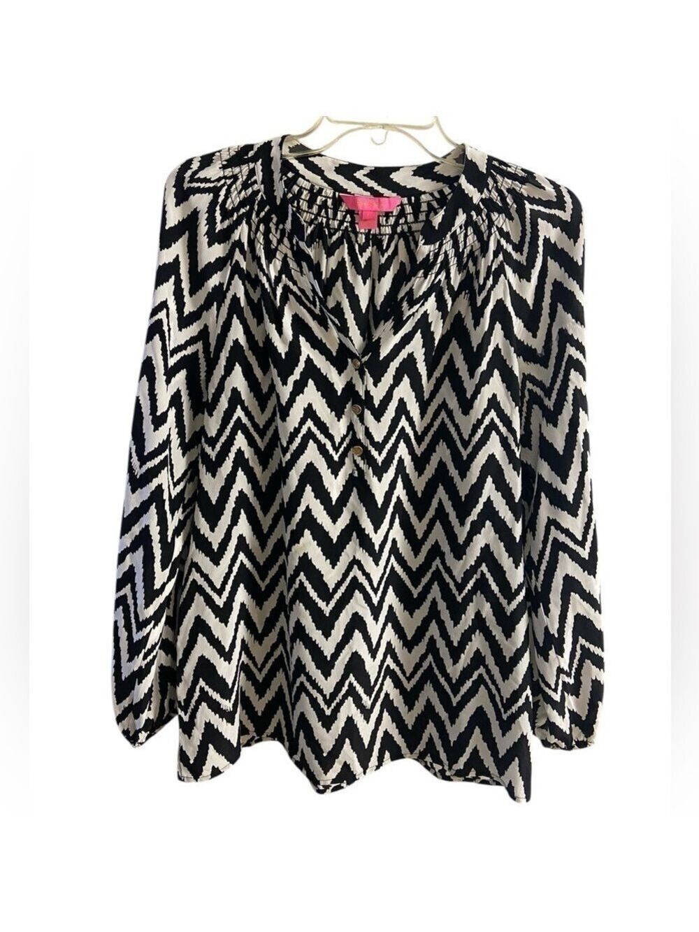 Lilly Pulitzer Elsa chevron black silk blouse pop over Small